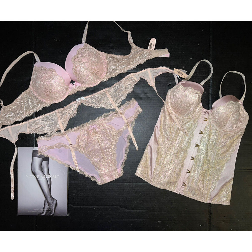 Victoria's Secret 34C BRA SET+garter+CORSET bustier+L panty PINK GOLD foil lace